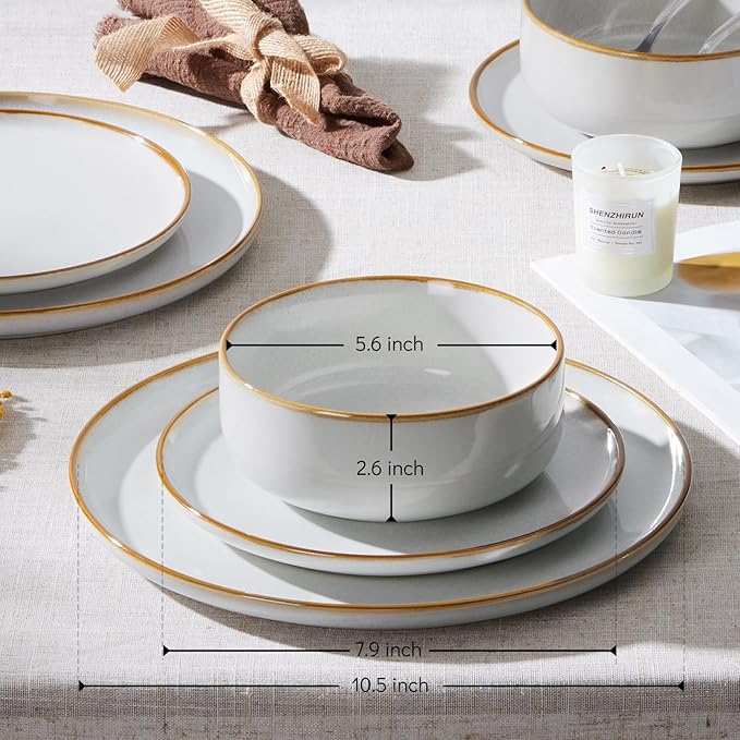 E-far Plates and Bowls Set for 4 12-Piece Stoneware Dinnerware Sets Ceramic Dinning Ware Reactive Glaze Dishes Set Microwave &amp Dishwasher Safe - Seashell White