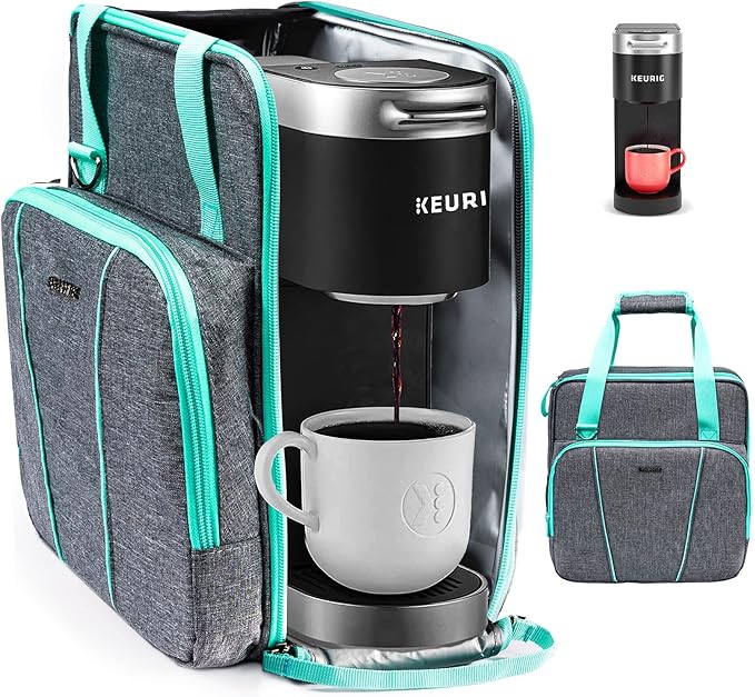 BAGSPRITE Coffee Maker Travel Bag Compatible with Keurig K-Mini or K-Mini Plus Single Serve Coffee Brewer Carrying Case with Multiple Pockets for K-Cup Pods Storage Bag With Shoulder Strap
