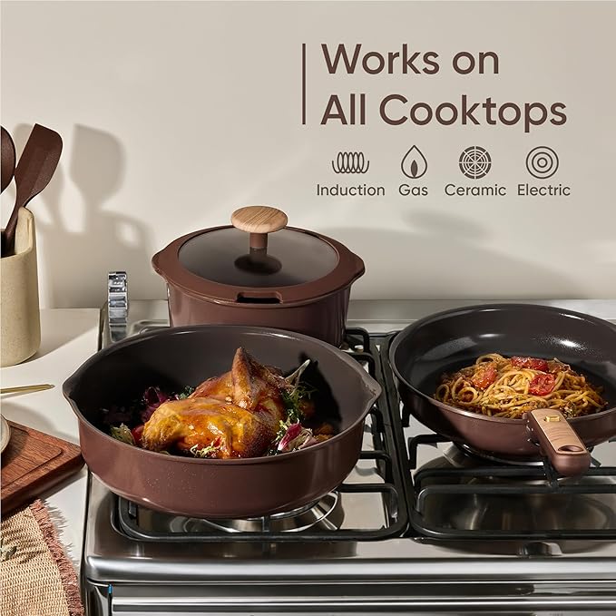 CAROTE 19PCS Ceramic Nonstick Cookware Set Pots and Pans Set with Detachable Handle PFAS-Free Non-Toxic Induction &amp Oven Safe Stackable Space-Saving Dark Choco