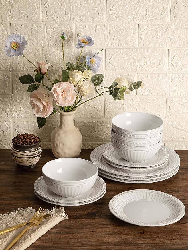 Famiware Plates and Bowls Sets + 3 Pcs Rectangular Serving Platter 15-Piece Dinnerware Sets for 4 White
