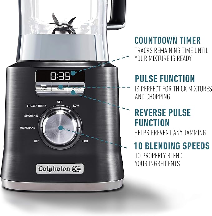Calphalon Auto-Speed 68 Oz Blender with Blend-N-Go Smoothie Cup and BPA-free Tritan Jar | 1100-Watt Base Dark Stainless Steel