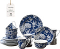 222 Fifth Adelaide 16-Piece Dark Blue Porcelain Dinnerware Set – Service for 4 Plate Bowl &amp Mug Set Bird &amp Floral Design Everyday Big Dinner Plates and Bowls Sets Microwave &amp Dishwash