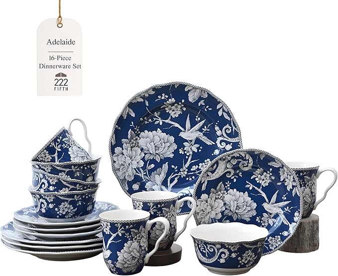 222 Fifth Adelaide 16-Piece Dark Blue Porcelain Dinnerware Set – Service for 4 Plate Bowl &amp Mug Set Bird &amp Floral Design Everyday Big Dinner Plates and Bowls Sets Microwave &amp Dishwash