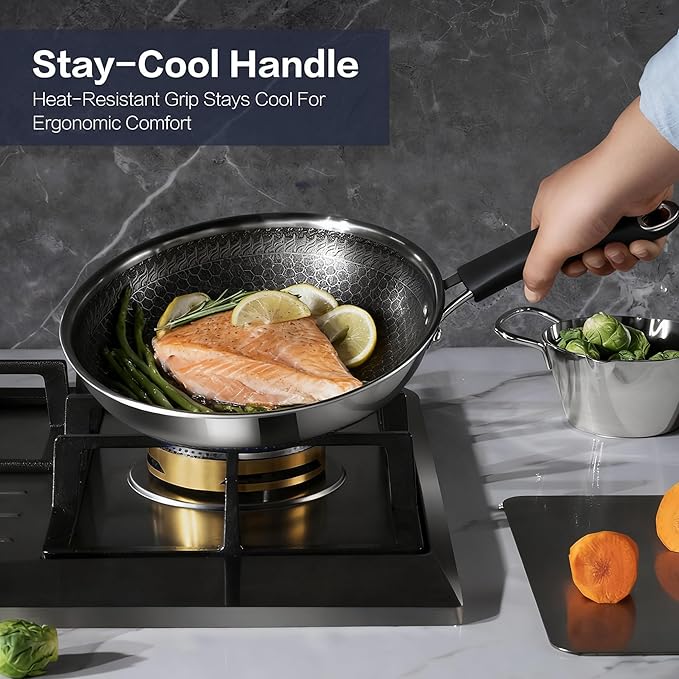 Non Stick Frying Set 8 10 and 12-Inch Hybrid Non Toxic Fry Pan Skillet with Lids Dishwasher and Oven Safe Induction Ready Silver Kitchen Cookware set (7-Pcs Pan Set)