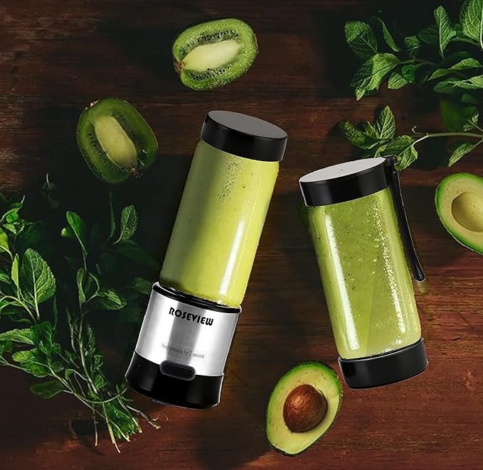Portable Smoothie blender ROSEVIEW Glass bottle USB rechargeable mini Handheld Ice Shakes Cup 2 speed blend juicer Cordless Personal smoothies maker Fruit mixer (Steel)
