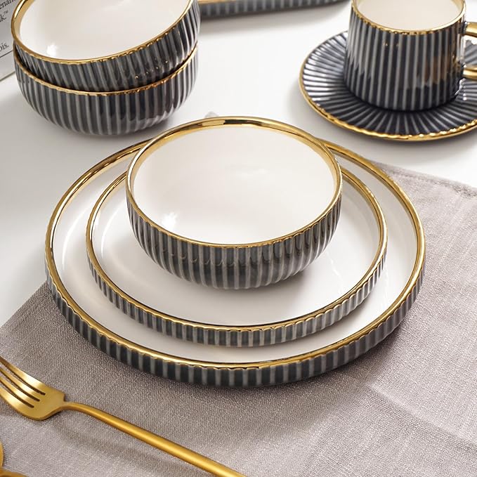 Luxury Black and White Porcelain Dinnerware Set 16 Piece Gold Rim Fluted Rim Design Service for 4 with Plates and Bowls Cups Saucers Dishwasher &amp Microwave Safe Modern (Grey)