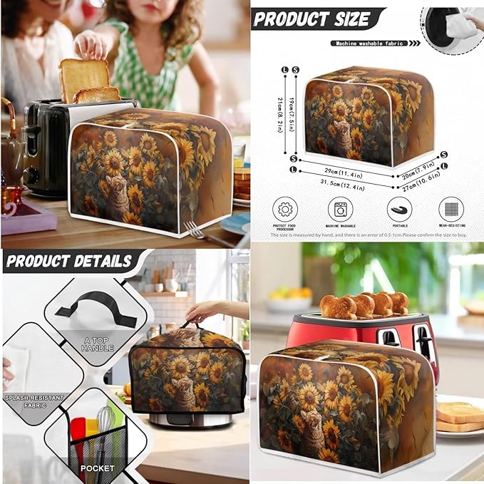 Sunflower Cat 4 Slice Toaster CoverBread Toaster Oven Dust Cover Kitchen Bakeware Protector Blender Cover Slow Cooker Cover Anti Fingerprint Kitchen Decorations (Orange)