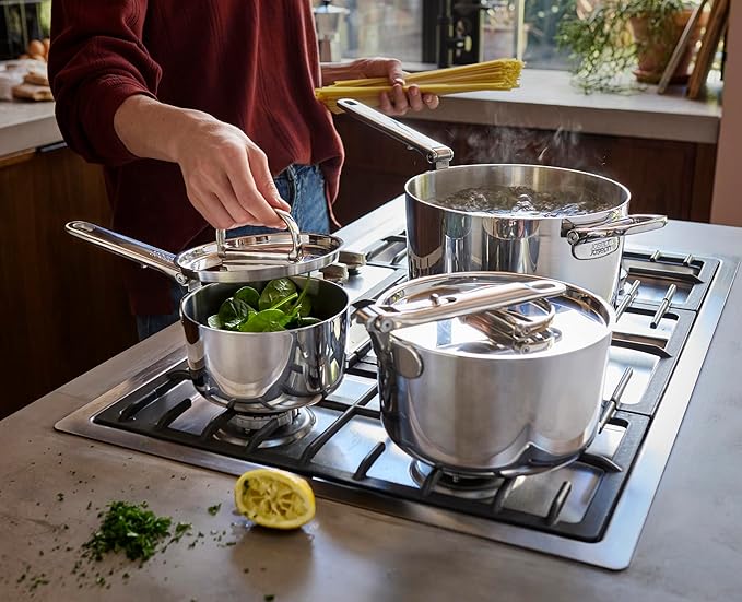Joseph Joseph Space Steel 6-Piece Stainless Steel Sauce Pan Set with Lids Nesting with Folding Handles Induction &amp Oven Safe