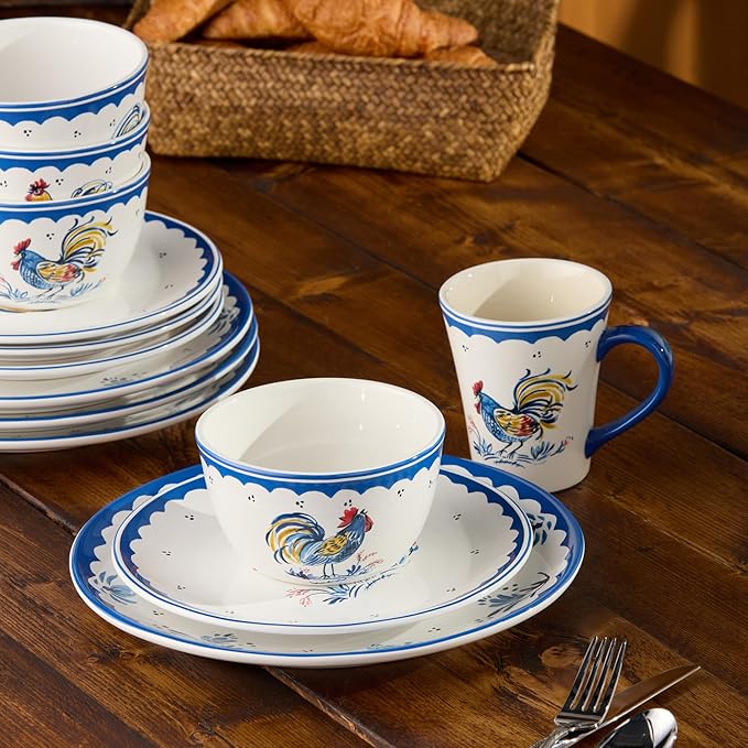 French Rooster Ceramic 16‑Piece DINNERWARE SETSERVICE for FOUR with dinner plates salad plates mugs and ice cream bowls featuring classic blue and multicolor rooster motifs