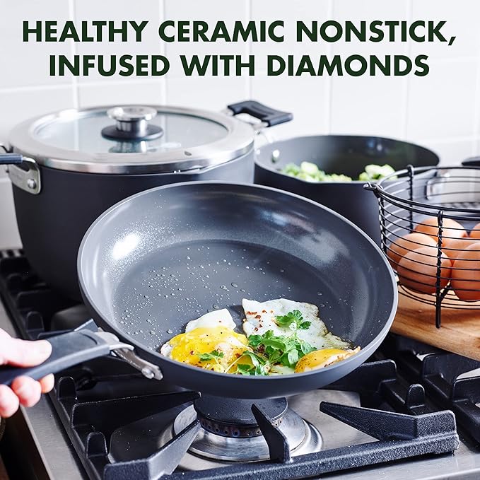 GreenPan Levels Stackable Hard Anodized Healthy Ceramic Nonstick 6 Piece Cookware Pots and Pans Set PFAS-Free Dishwasher Safe Black