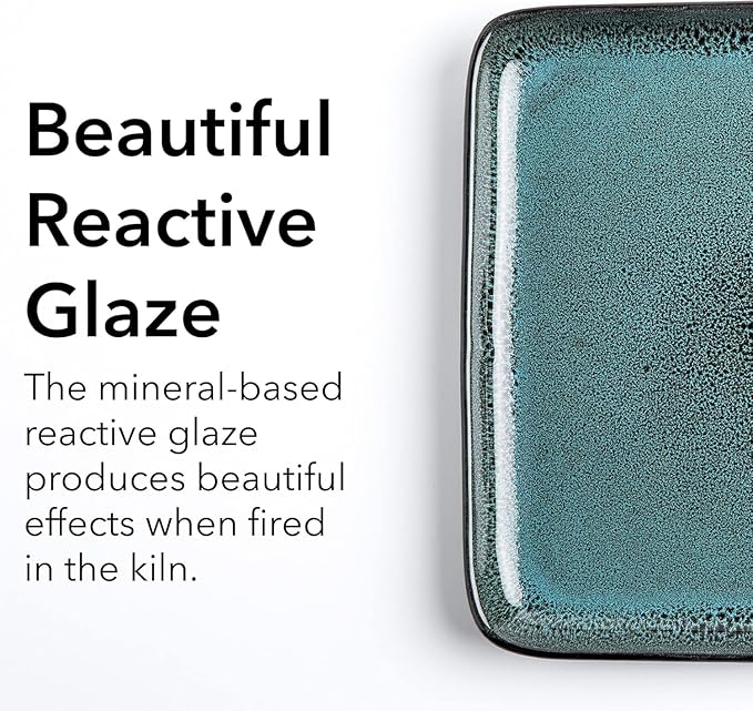 FLACKAR Square Stoneware Dinnerware Set for 4 Dinner Plates Side Plates Cereal Bowls Mugs - Reactive Glaze Turquoise (497248) 16 Count (Pack of 1)