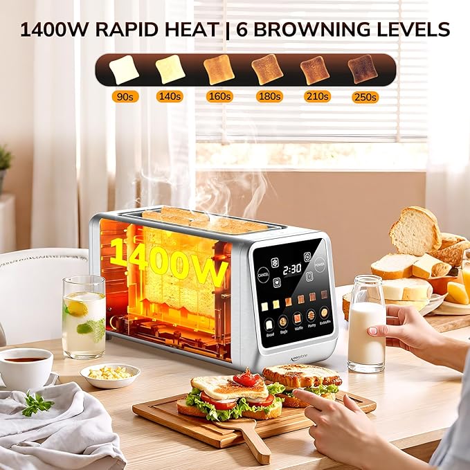Keenstone Toaster 4 Slice Digital Smart Toaster with TouchScreen Memory Function Single Slot Toasting Timer Reheat &amp Defrost for Bagels Bread Waffles Muffin Stainless Steel Kitchen Essent