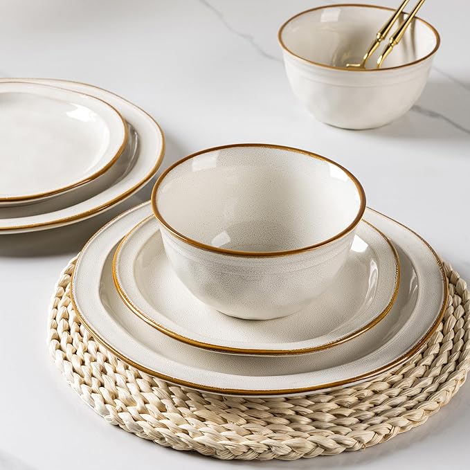 AmorArc Ceramic Dinnerware SetsStoneware Handmade Reactive Glaze Plates and Bowls SetsChip and Crack Resistant | Dishwasher &amp Microwave SafeDishes Set Service for 4 (12pc)