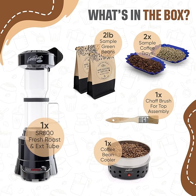 Fresh Roast SR800 Coffee Roaster Bundle – Home Coffee Roasting Machine with Glass Extension Tube Bean Cooler &amp Green Coffee Samples