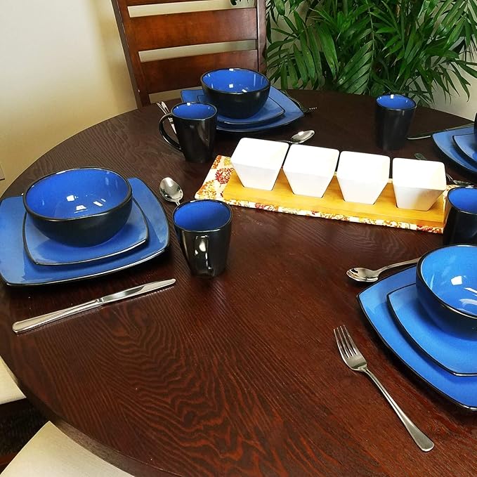 Unknown1 Downtown 16 Piece Stoneware Dinnerware Set -Soft Square in Blue Solid Casual Microwave Safe Medium