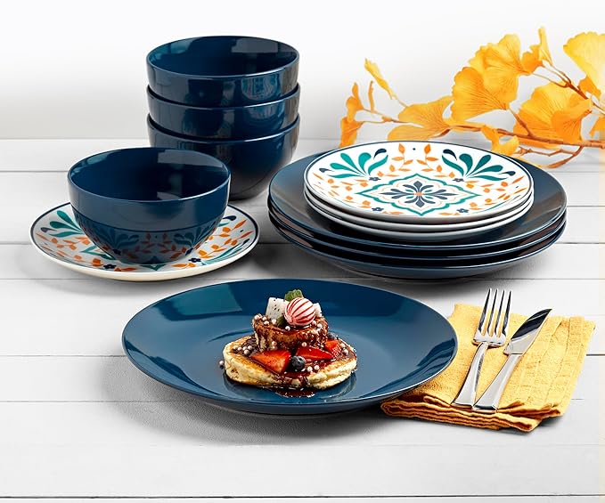 Tabletops Gallery 12-Piece Isabella Patterned Ceramic Dinnerware Set of Kitchen Dishes Dinner Plates Cereal Bowls Service for 4 Blue