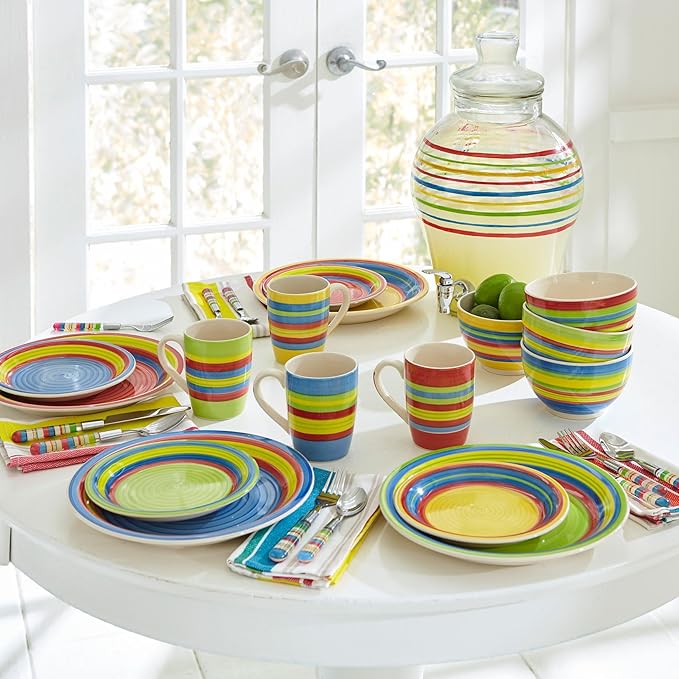 BrylaneHome 16 Piece Santa Fe Dinnerware Set (Service for 4) Includes Dinner &amp Salad or Dessert Plates Bowls Mugs Colorful Stripe Southwestern Fiesta Pattern - Multi Stripe