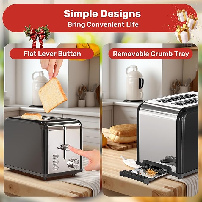 YSSOA Stainless Steel Toaster 2 Slice with Extra Wide Slot &amp Removable Crumb Tray 6 Shade Settings and Bagel/Defrost/Cancel Functions Compact Oven for Various Bread &amp Waffle Black (Pack of