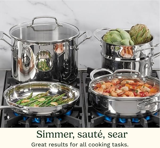 Cuisinart Chef’s Classic 11-Piece Stainless Steel Pots and Pans Set Cookware Set Compatible with Induction Electric Gas Cooktops Aluminum Core for Even Heat Cool Grip Handles Dishwasher Safe