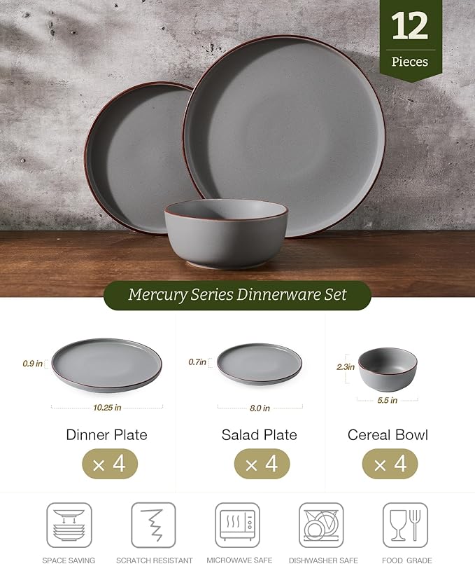 Famiware Mercury Plates and Bowls Sets 12 Pieces Stoneware Dinnerware Sets Dishes Set for 4 Microwave and Dishwasher Safe Dark Grey