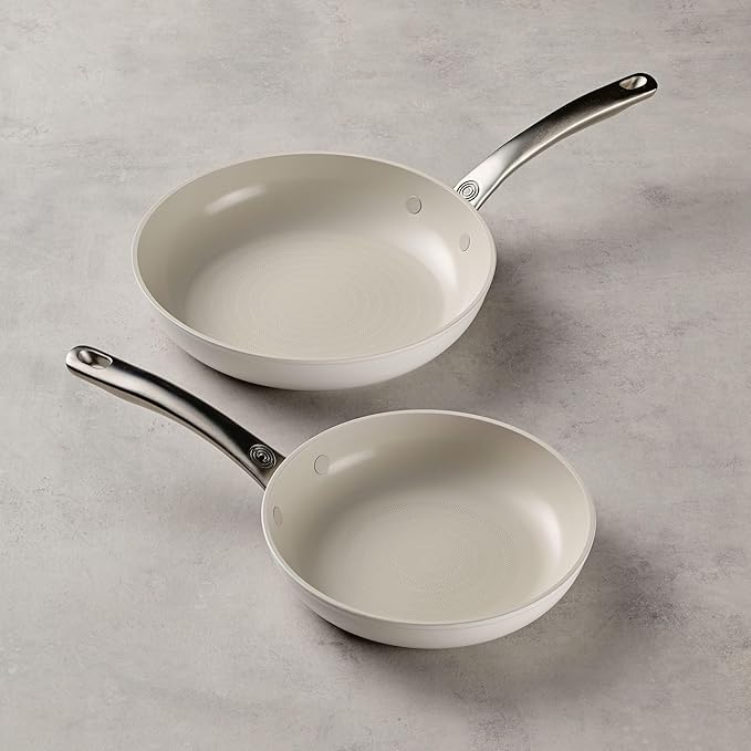 Circulon Halo with LaserDefense Ceramic Nonstick 2-Piece Skillet Set/Frying Pans Made without PFAS Compatible with All Stovetops Dishwasher and Oven Safe 8 Inch and 10 Inch Fry Pans - Pearl White