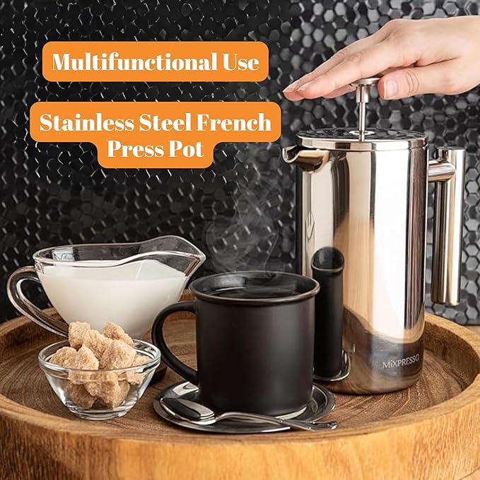 Stainless Steel French Press Coffee Maker 27 oz - Double Wall Insulated Hand Brewing Pot with Extra Durable French Filter - Perfect for Tea &amp Coffee No Glass Ideal for Camping