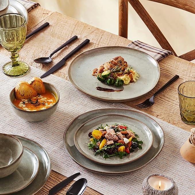 KINGSTONE Stoneware Dinnerware Sets 18-Piece Reactive Glaze Porcelain Plates and Bowls Sets for 6 Handcrafted Rustic Ceramic Dishes Set Highly Scratch Resistant Dishwasher &amp Microwave Safe Gr