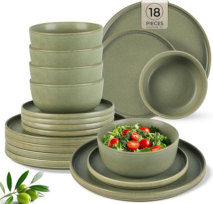 AmorArc Stoneware Dinnerware Sets for 6Reactive Ceramic Plates and Bowls SetHighly Chip and Crack Resistant | Dishwasher &amp Microwave Safe | Round Dishes Set Service for 6 (18pc)