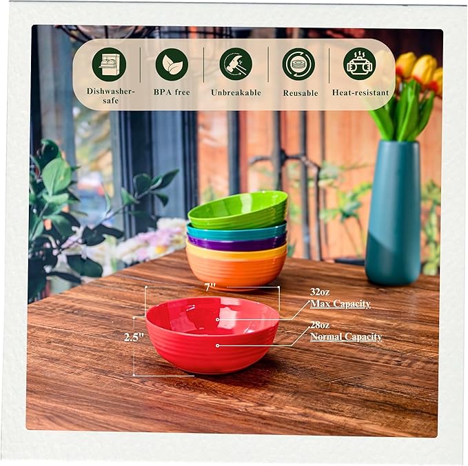 Multicolor Melamine Dinnerware Bundle - Divided Sets: 6 x 11-inch Plates 6 x 7-inch Bowls 6 x 8-inch Bowls