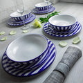 Handmade Dark Navy Blue Stripe Ceramic 12 piece Dinnerware Set | Pottery Tableware Service for 4 | Dinner Plates | Side Plates | Bowls | Housewarming Gift by City to Cottage®
