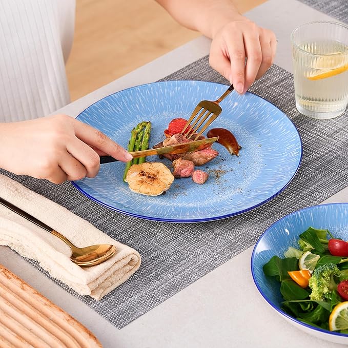Bestone 12-Piece Round Porcelain Dinnerware Set Service for 4 Chip Resistant Plates and BowlsBlue Dishwasher &amp Microwave Safe for Home Daily Use