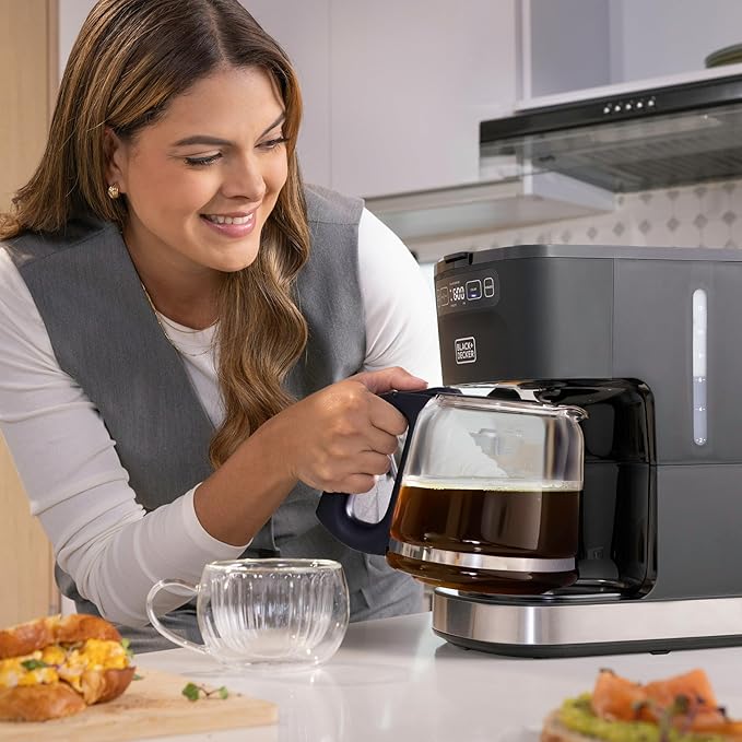 BLACK+DECKER CAFÉCRAFT 12-Cup Programmable Coffee Maker Stainless Steel Drip Coffeemaker with Vortex Showerhead Strength Selector Sneak-A-Cup Keep Warm