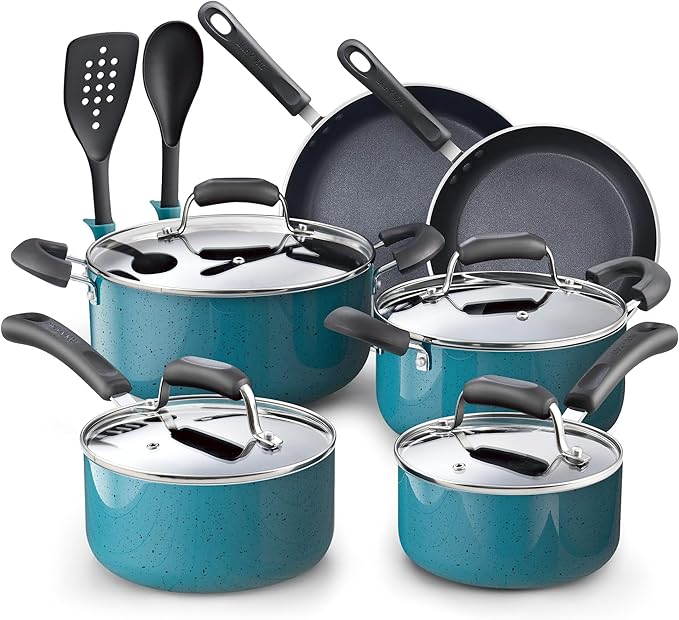 Cook N Home Pots and Pans Nonstick Cookware Set 12-Piece Kitchen Cooking Set with Frying Pans and Saucepans Induction Compatible Turquoise