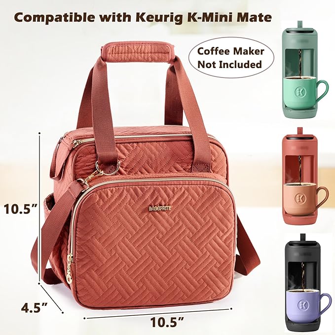 BAGSPRITE Coffee Maker Travel Bag Compatible with Keurig K-Mini Mate Full Open Carrying Case with Quilted Padded Soft Microfiber K--Cup Single Serve Coffee Maker Bag with Pod Organizer Mug Pockets