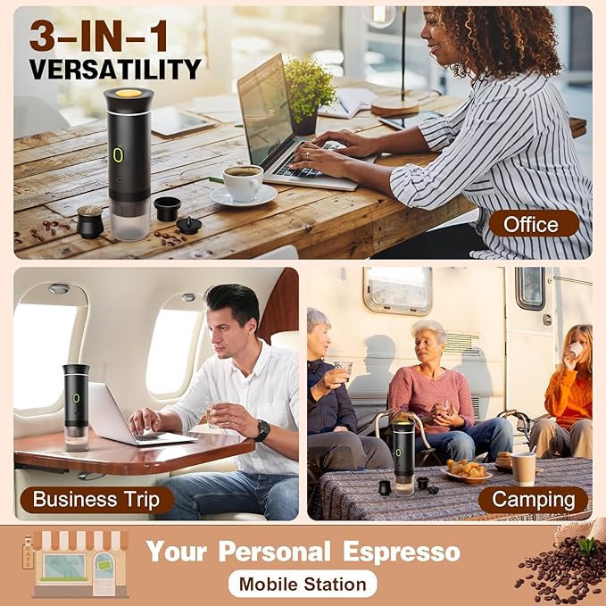 Portable Battery Espresso Coffee Maker for Travel 20 bar Mini Car Espresso Machines 3-in-1 Self-Heating Electric Espresso Maker USB-C Ground Coffee &amp Capsule Pod(Ns&ampDG) RV Hiking Office