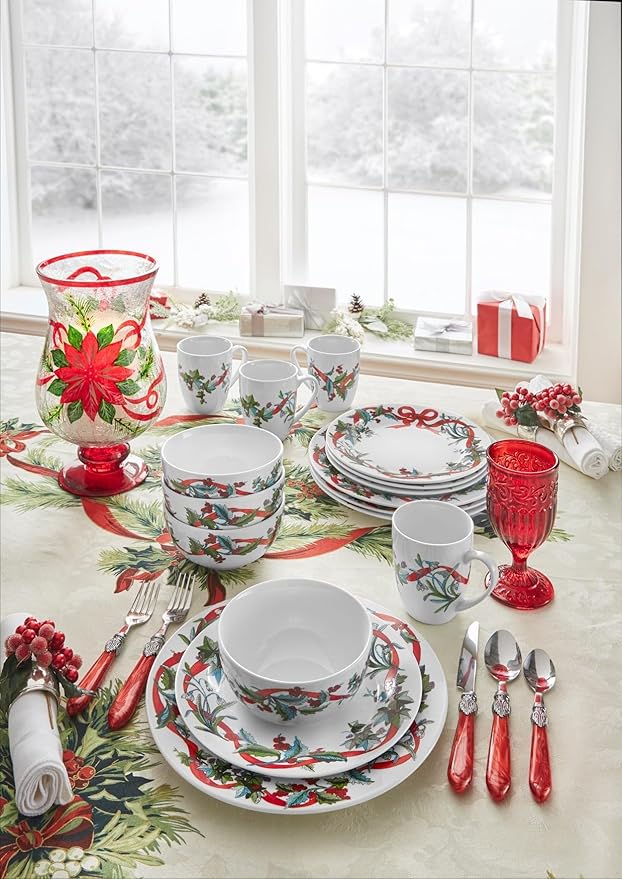 BrylaneHome 16 Piece Christmas Dinnerware Set (Service for 4) Includes Dinner &amp Salad or Dessert Plates Bowls Mugs Red &amp Green Holly &amp Holiday Ribbon Pattern - White