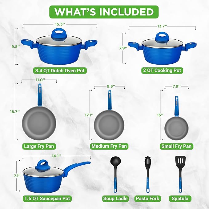 NutriChef 12-Pc Blue Nonstick Cookware Set - Professional Pots &amp Pans with Durable Coating All Cooktops Compatible Including Induction
