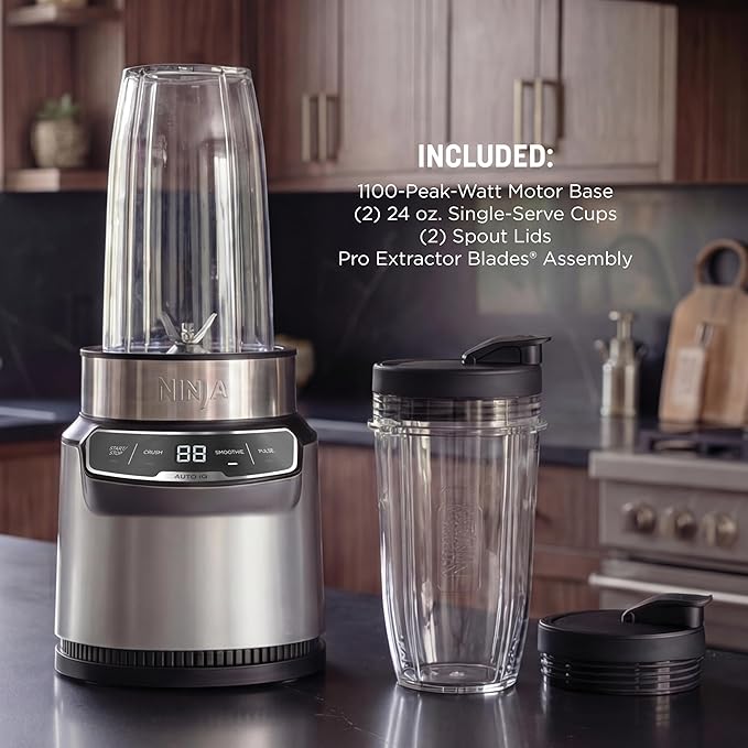 Ninja | Blender | Nutri Pro | Single Serve | For Smoothies Salsa Shakes and Frozen Drinks | Includes 2 Smoothie Cups &amp Lids | Crushes Ice Fruit &amp Veggies |Silver | BN401