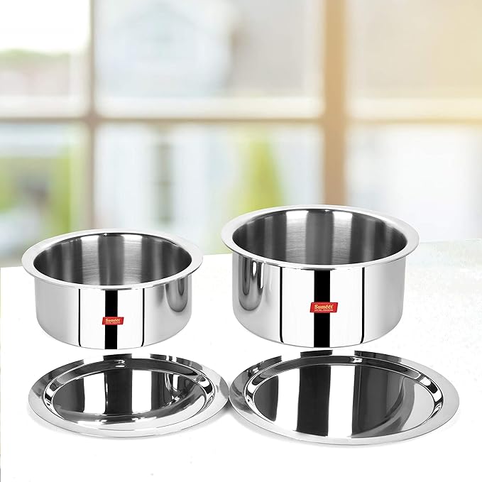 Sumeet Cook Smart Triply Sas (Steel-Aluminium-Steel - 3 Layers) Tope Set Of 2Pcs With Lid - No. 16 (1.6Ltr 16Cm) No.18 (2 Liter 18Cm) Stainless Steel