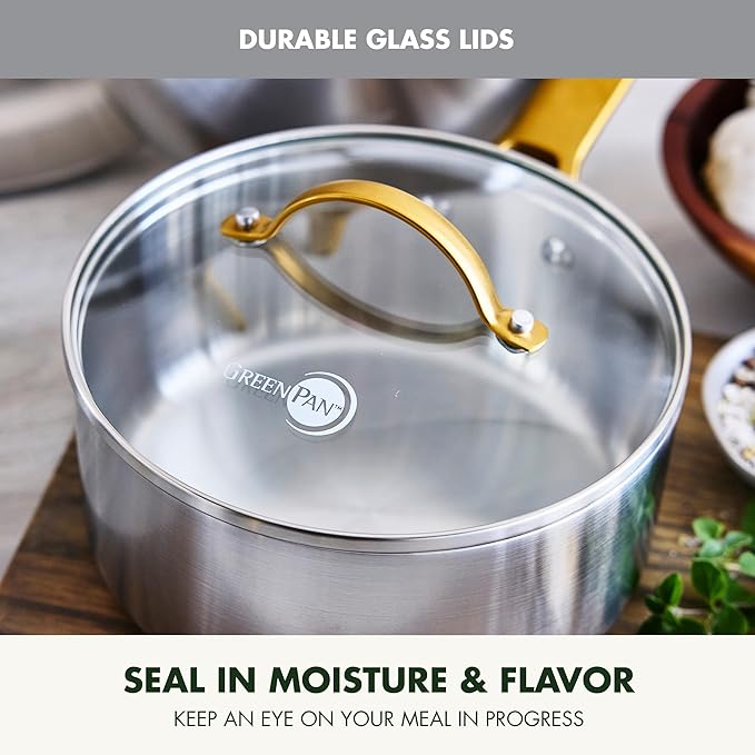 GreenPan Stainless Steel Tri-Ply Reserve 10 Piece Cookware Pots and Pans Set Multiclad Induction Oven &amp Broiler Safe to 600°F Heat Responsive Core Dishwasher Safe Glass Lids