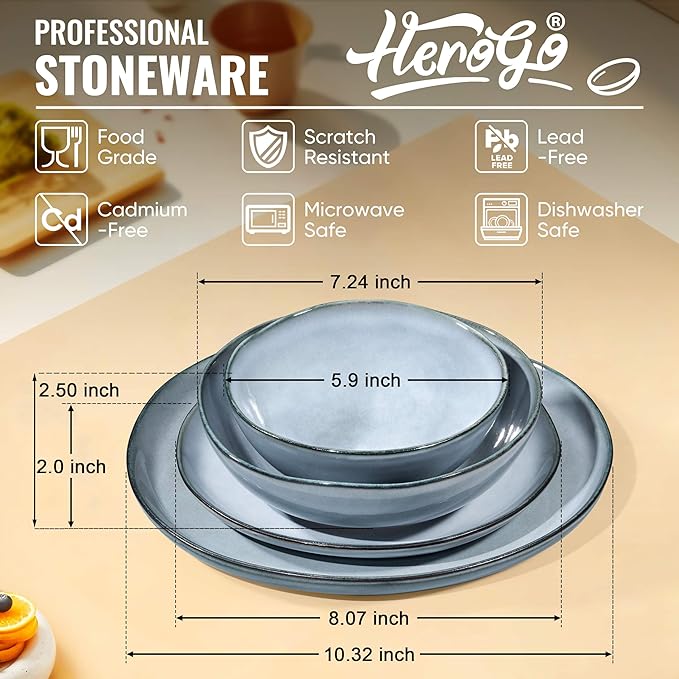 Herogo Stoneware Dinnerware Sets for 6 24 Piece Ceramic Dinner Dishes Set Irregular Handmade Plates and Bowls Dishware Crack and Scratch Resistant Reactive Glaze Smoky Blue
