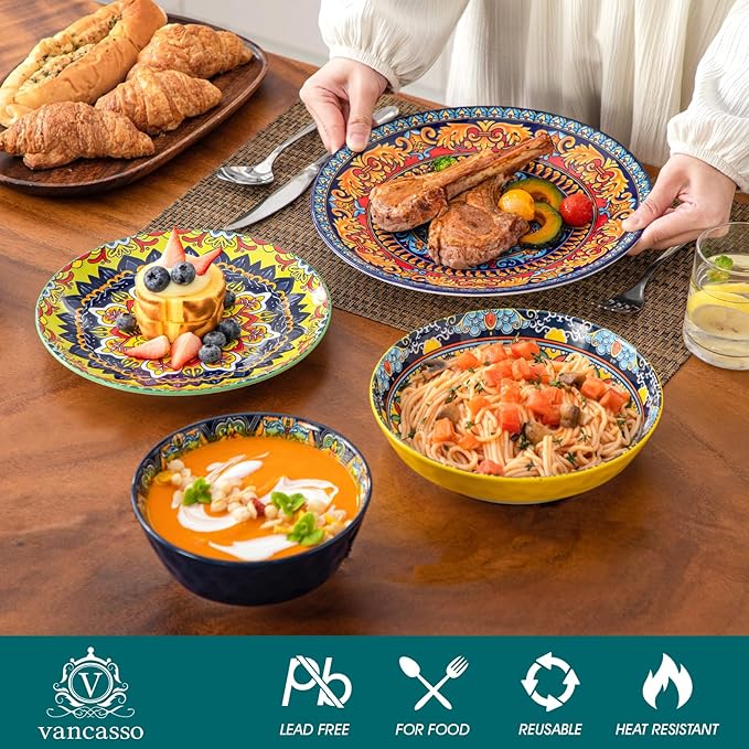 vancasso 16 Pieces Plates and Bowls Set Bohemian Style Dinnerware Sets Service for 4 Porcelain Boho Dishes Set for Kitchen Housewaring Gift Dishwasher and Microwave Safe Series KRVI