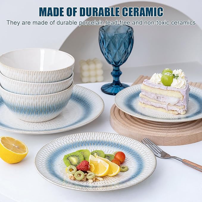 12 Pieces Ceramic Dinnerware Sets Handmade Reactive Glaze Plates and Bowls Sets Stoneware Set Dishwasher &amp Microwave Safe Dishes set Blue Relievo
