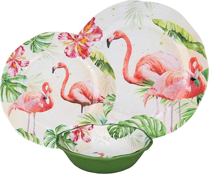 UPware 12 Piece Flamingo Melamine Dinnerware Sets Outdoor Dishes Set Plates and Bowls Sets Service for 4 Multicolor