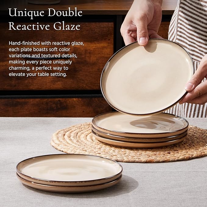 E-far 12-Piece Plates and Bowls Set and 8” Ceramic Salad Plates Set of 6 Budnle Stoneware Dinnerware Sets for 4 Round Dessert Plate for Home Kitchen Restaurant Microwave &amp Dishwasher Safe