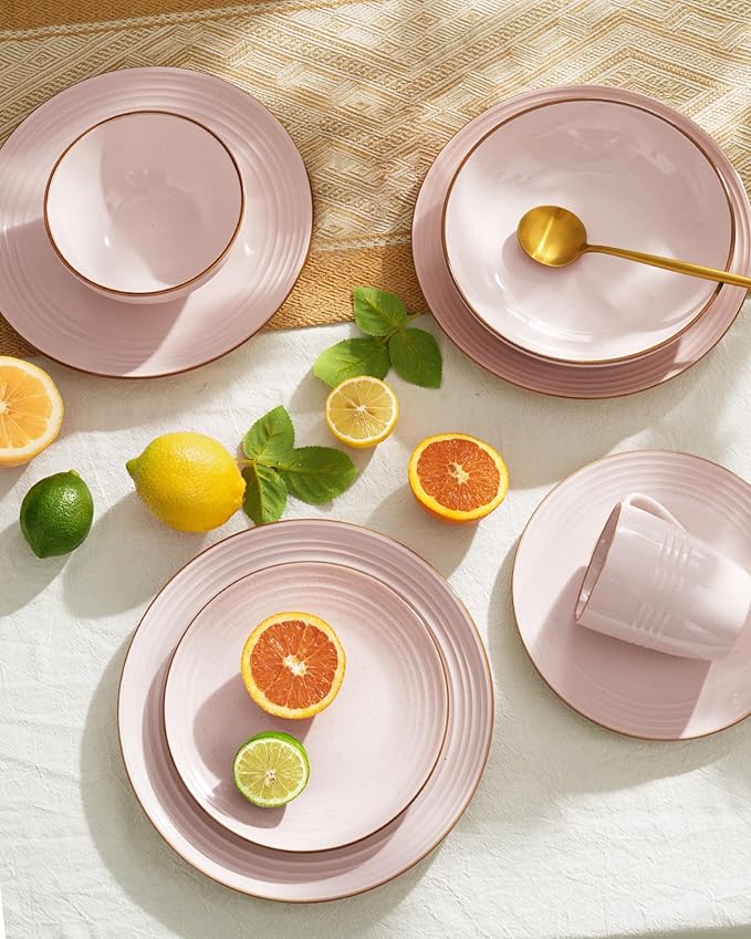 Famiware Jupiter Stoneware Dinnerware Sets Handcrafted Plates and Bowls with Embossed Swirl &amp Speckles Pink - Chip &amp Scratch Resistant Dishwasher &amp Microwave Safe Modern Dishes for 4 (1