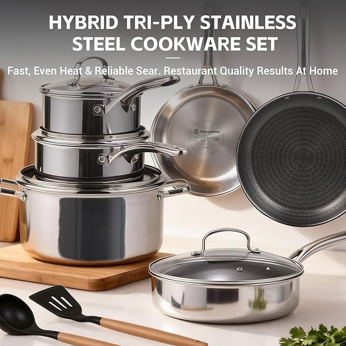 Ammeloo 17 Pcs Nonstick Stainless Steel Cookware Set Hybrid Stainless Steel Pots and Pans Set Non Stick Non Toxic Kitchen Cookware Sets Dishwasher &amp Oven Safe Induction &amp All Cooktop Compa