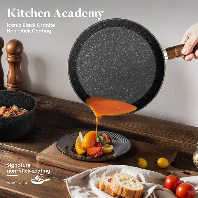 Kitchen Academy 12 Piece Pots and Pans Set Non Stick Cookware Sets Healthy Black Granite Induction Kitchen Cookware (PFAS PFOA PFOS Free)