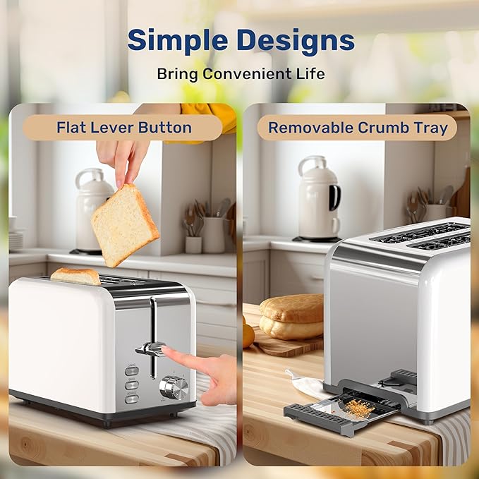 YSSOA 2-Slice Stainless Steel Toaster 6 Browning Setting and 3 Function Extra Wide Slot &amp Removable Crumb Tray for Bread &amp Waffle White