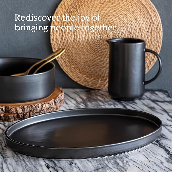 over&ampback Stackable Stoneware Serving Platter - Elegant 1-Piece Oval Serving Platter to Complete Your Kitchen Set - Perfect for Appetizers Desserts and More - 16 L x 11 W - Semi-Matte Black